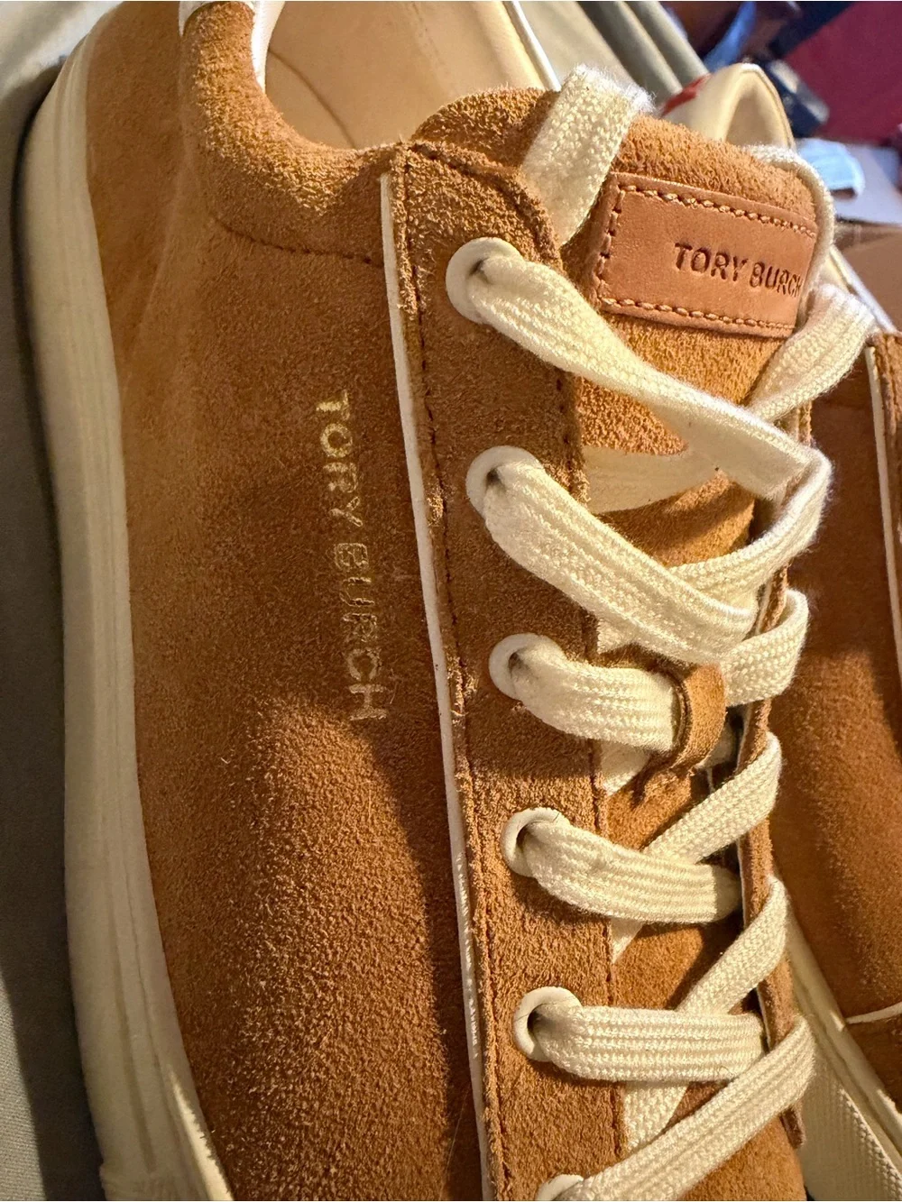 Tory Burch Camel Suede Low-Top Sneakers with Cream Accents